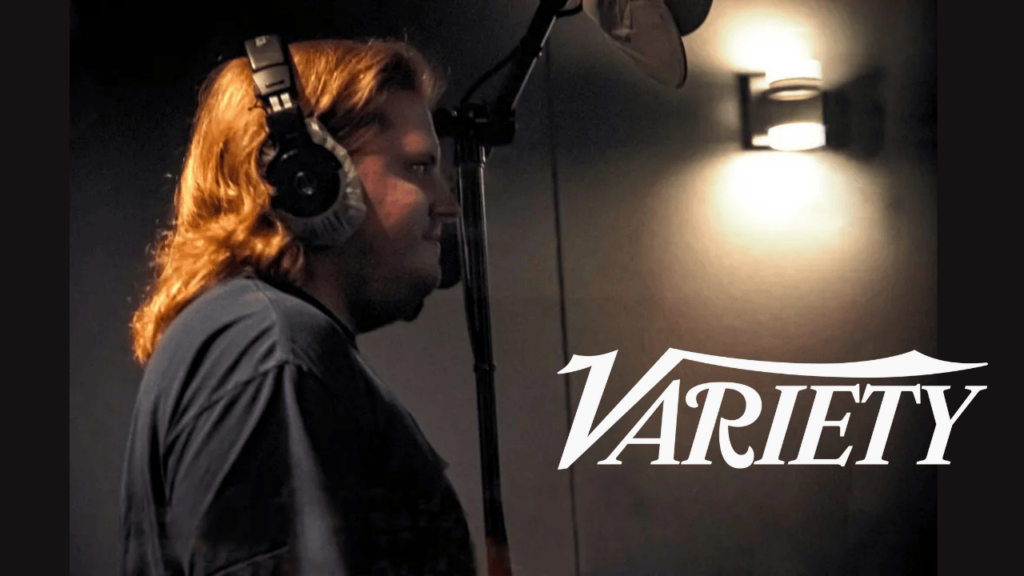 Exceptional Minds artist recording a voiceover in a studio